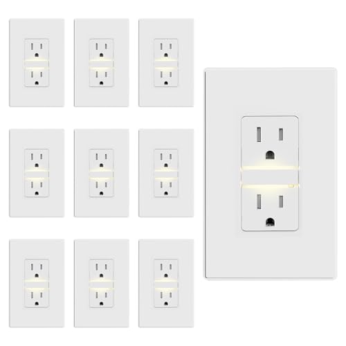 Image of ELEGRP Decorative Outlet Night Light, Electrical Wall Outlets with Built in Led Guidelight 3000K, Tamper Resistant Receptacle, 15 Amp 125 Volt, Plate Cover Included, Matte White, 10 Pack