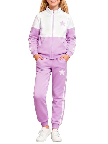 Klyatpxoen 6 7 Years Girls' 2 Piece Zip Up Tracksuit: Stand Collar Star Print Sweatshirt & Joggers Set with Pockets Fall Winter Outfit（Purple, 6 7T