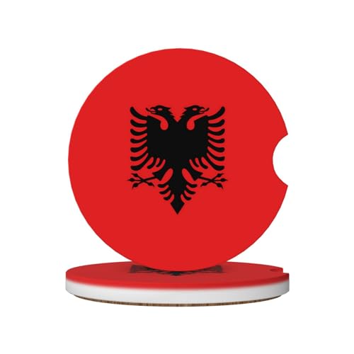 Phayah Lot de 2 sous-verres de voiture avec drapeau albanais de 6,5 cm en céramique et base en liège, accessoires automobiles pour homme et femme