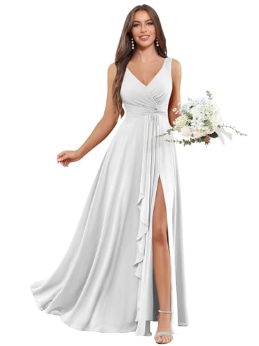 Image of BOLENSYE Bridesmaid Dresses Long Ruched Ruffles Chiffon A Line Evening Party Gown with Pockets Slit