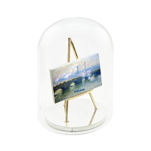 Famous Painting Miniature Art Display Collection - with Artwork by Vincent Van Gogh, Claude Monet & Picasso - 18k Gold Plated Stand with Glass Dome (Waterloo Bridge by Monet)