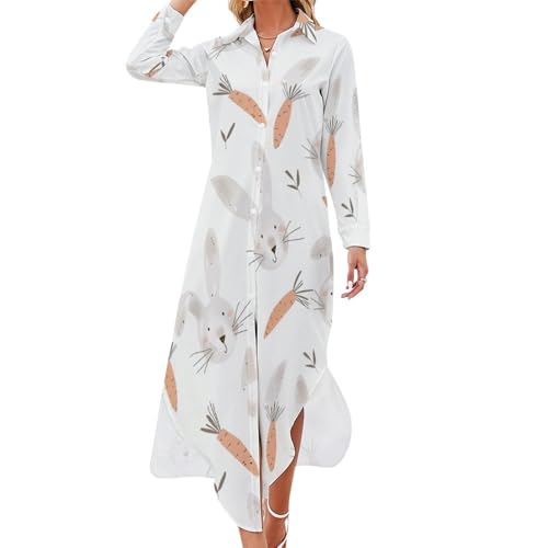 Summer Dresses for Women Rabbits Pattern Casual Long Sleeved Shirt Dress S