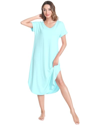 Image of NACHILA Nightgowns for Women-Viscose Made from Bamboo, V Neck Sleepshirts Short Sleeve Sleepwear Cool Nightshirt