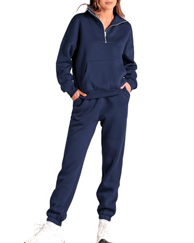 Image of BTFBM Women 2 Piece Tracksuits Fall Winter 1/4 Zip Sweatshirt Jogger Pants Matching Lounge Sets Thick Sweatsuits Pockets