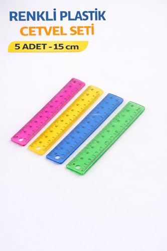 Renkli Plastik Cetvel Seti 15 cm – 5 Adet, Şeffaf, Dayanıklı ve Net Ölçüm, Okul, Ofis ve Kırtasiye Kullanımı