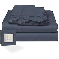 Sabanas Cuantos Hilos Es Mejor Pizuna Juego de sábanas algodón de 400 Hilos Azul Oscuro Cama 90cm, 100% algodón Tejido de satén Suave y Transpirable con 1 sábana Plana + 1 sábana Ajustable + 1 Cilíndrica Funda de Almohada