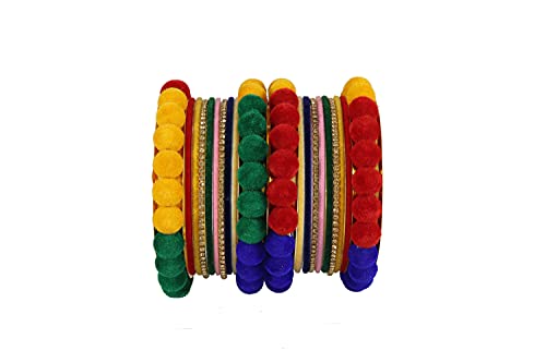 Image of NMII Stylish Metal with Golden Zircon Stone & Velvet Balls Bangles Set For Women and Girls | Fancy Designer Bangles | Short Velvet Chuda Set | Women's Fashion Jewellery