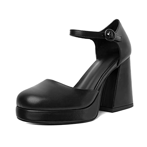 Joseywade Platform Mary Janes Women Chunky Block Heel Pumps Closed Round Toe 4 Inch Ankle Strap High Heel Shoes