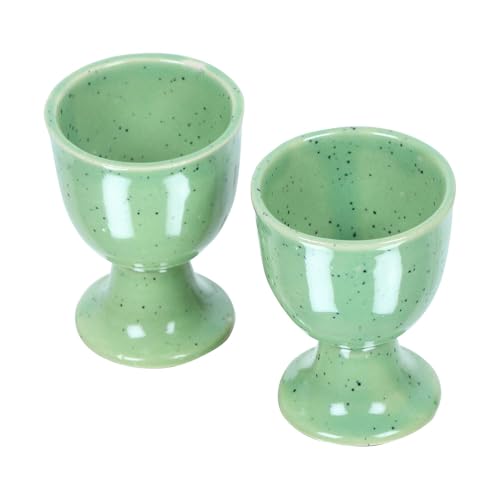 Image of QIMACPLUS Ceramic Soft Boiled Egg Holder Set | Elegant Ivory and Black Egg Cups | Durable, Stylish Egg Holder for Breakfast | Set of 2 (Green)