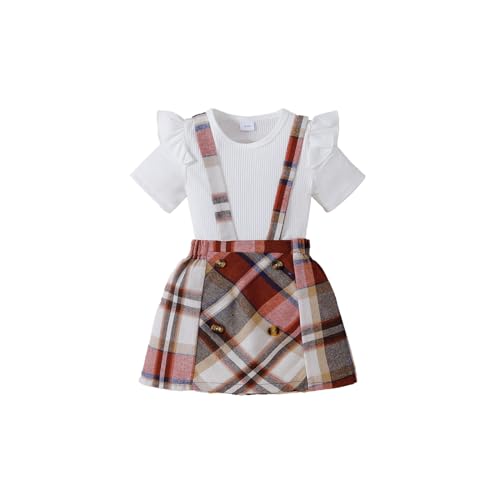 Image of AMMENGBEI Toddler Little Girl Summer Outfits Ribbed Knit Ruffle Tops and Plaid Suspender Skirt Set Kids 2Pcs Clothes