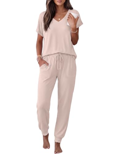 Image of Ekouaer Pajamas for Women Set Short Sleeve Lounge Set Jogger Pants Pjs Soft Sleepwear with Pockets S-XXL