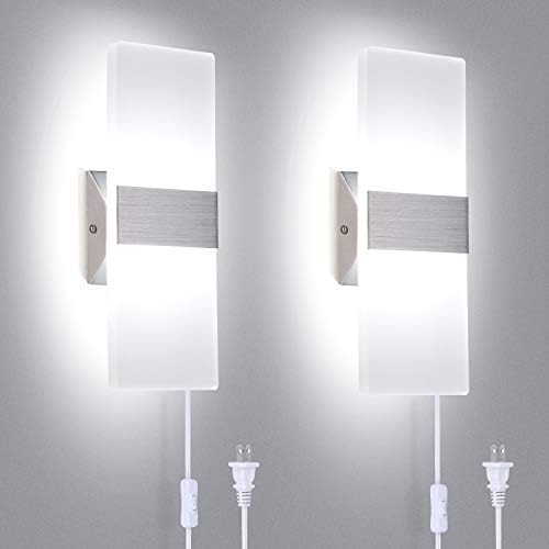 TRLIFE Modern Wall Sconces Set of 2, Wall Sconce Plug in 12W LED 6000K Cool White Acrylic Wall Mounted Light Wall Lights with 6FT Plug in Cord and On/Off Switch on The Cord(2 Pack)