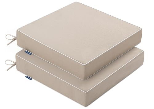 MIULEE Beige Outdoor Chair Cushions Set of 2, 19x19x3 Inch Waterproof Patio Seat Cushions for Outdoor Furniture Couch Sofa, 3 Year Color Fastness High Density Foam with Adjustable Ties