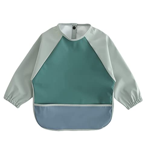 Image of GZMM Waterproof Baby Bibs,Infant Toddler Long Sleeve Feeding Bib With Food Catcher,Wipe Clean & Washable