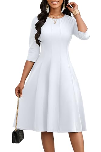 CLOCOR Casual Midi Dresses for Women A-Line Fit and Flare Elegant Church Cocktail Wedding 3/4 Sleeve Dress with Pocket White