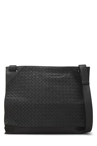 Pre-Loved Black Intrecciato Leather Flat Messenger Bag, Black