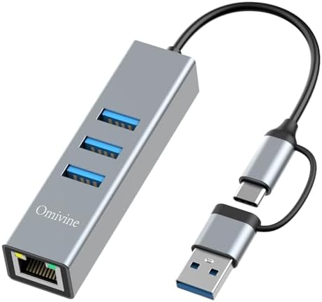 Omivine USB Ethernet Adapter, USB-C Hub mit 1000 Mbit/s RJ45 LAN Netzwerkadapter mit 3 USB 3.0 Anschlüssen für MacBook XPS Surface Pro Linux Chromebook usw