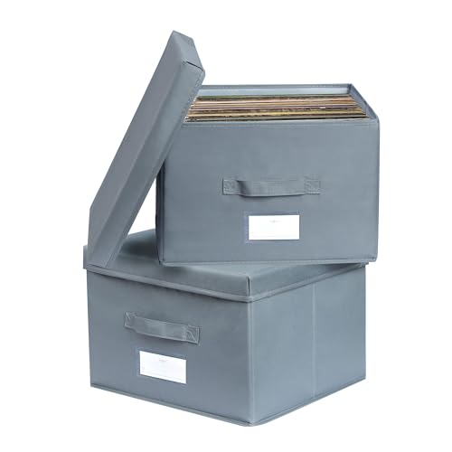 Augfox Conjunto de 2 caixas de armazenamento com tampa - grandes caixas de armazenamento de roupas, prático Storage Box, caixas para organizar armários e decoração de casa (cinzento escuro, 36 x 32 x