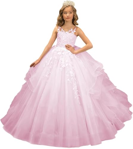Girl's Pageant Dresses for Girls Long Tulle Flower Girl Dress for Wedding Lace Applique Kids First Communion Dress