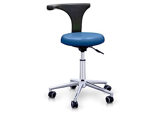 QUIRUMED Taburete con Respaldo ergonómico Profesional, Color Azul Marino, Estructura en Acero Inoxidable, Polipiel, Base con Ruedas, Asiento Regulable en Altura, hasta 120 kg