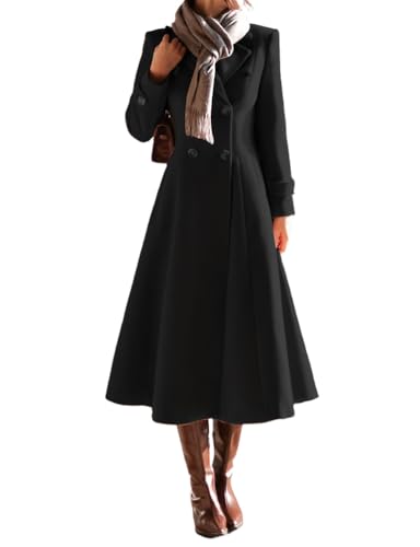Image of Mywinway Long Wool Coats for Women 2025 Fall Winter Double Breasted Peacoat Jackets Maxi Trendy Trench Coat,Black,L
