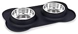 Internet's Best Bone Dog Bowl Set | Double Stainless Steel Pet Food Water Bowls | No Spill Silicone Stand | Small Pets | Black