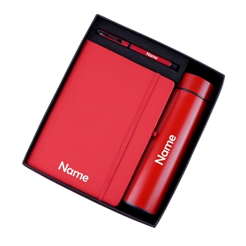 Image of Personalized Diary Gift Set with Bottle & Pen Red | 3-in-1 | Custom name diary, stainless steel bottle and pen combo for corporate gifting, employees, men, women and office use.