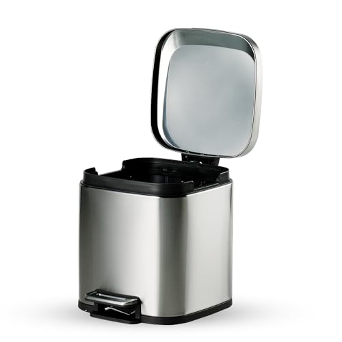 Image of TRAMONTINA 8 Litre Stainless Steel Step Dustbin | Fingerprint-Resistant Finish | Soft-Close Lid | Removable Inner Bucket | Square Trash Can for Home, Office & Hospitality
