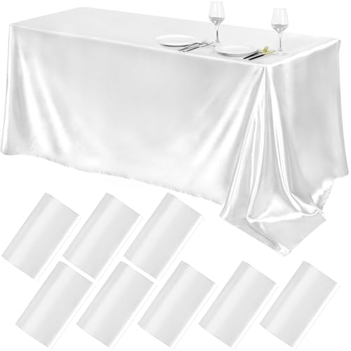 Image of TURSTIN 8 Packs White Satin Tablecloth 102 x 58 Inch Overlay Satin Table Cover Rectangle Bright Silk Tablecloth Smooth Fabric Table Decoration for Wedding Banquet Party Events