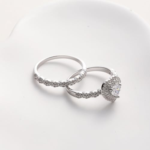 Image of Luxury Wedding Ring Sets for Women Heart 1CT AAAAA CZ White Gold Plated S925 Sterling Silver Engagement Ring Wedding Band