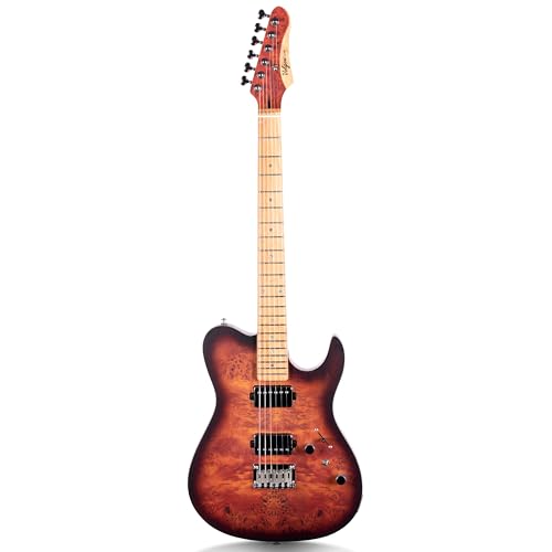 Volgoa Electric Guitar Burl Wood Look Printed Top Modern Double Cut 6 String HH Pickups Tremolo Maple Neck Gloss Finish (VS)