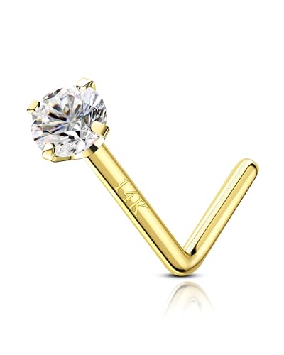 COCHARM 14K Solid Gold Bone L Bend Nose Stud 22g 18g 20g 1.5mm 2mm 3mm CZ Yellow Gold Nose Ring Stud Press Fit Nose Pin S Screw 14K Real Gold Nose Piercing 22g 20g 18g Nose Jewelry