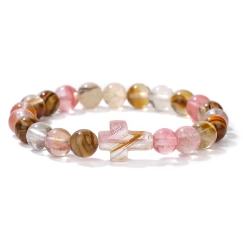 CYDXD Bracelet Croix en Pierre Naturelle,Perle Rose-Marron de 8mm Avec Breloque Croix,Bracelets de Perles Faits Main pour Hommes et Femmes,Cadeaux Chrétiens de Jésus 8mm