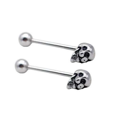 Piercing de langue gothique en forme de tête de mort – Barre filetée interne en acier inoxydable 14 g – Bijoux de corps punk pour homme et femme –...