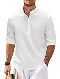 COOFANDY Mens Casual Henley Band Collar Beach Hippie T Shirt Fashion Striped, White Pure, Large, Long Sleeve