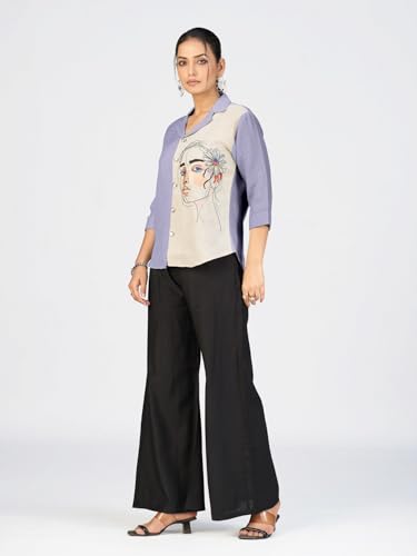 Image of Makhhi Wear Trendy Women's Sea Green & Beige Sketch Embroidered Casual Shirt for Women