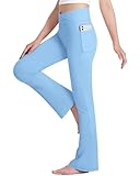 HASMES Girls Flare Leggings with Pockets Kids Bell Bottom High Waisted Flare Yoga Pants for Dance Activewear 9-10Y (Light Blue)