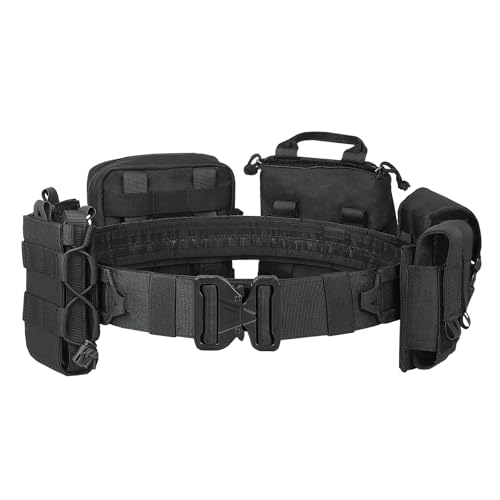 PIKEON Tactical Belt Battle Law Enforcement Molle Airsoft Duty Belt Quick-Release with Pouches 8 in 1 (Black)
