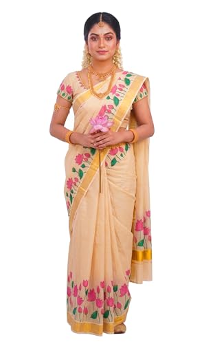 Image of Women's Mural Printed Kerala Gold Tissue Saree with Running Blouse Piece | Traditional South Indian Ethnic Saree for Festivals, Weddings & Special Occasions