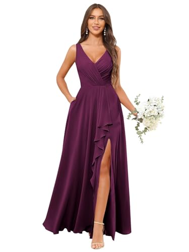 Image of HANVAIOS Long Chiffon V Neck Bridesmaid Dresses for Women Formal Dress with Pocket