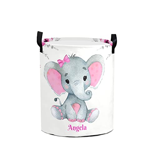 Personalized Custom Pink Elephant Laundry Baskets with Name Collapsible Clothes Storage Basket with Handle for Bathroom Bedroom Kitchen