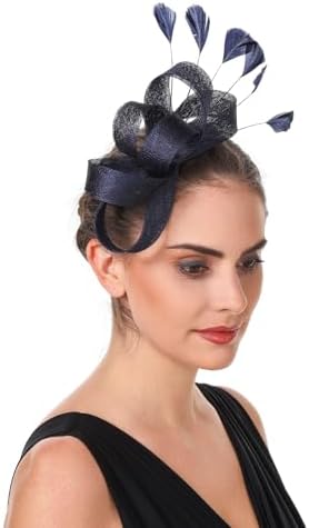Elegant Ladies Fascinator Hat | Mesh Feather Flower Veil Headband | Wedding, Ascot, Tea Party Hair Accessory (Navy Blue)