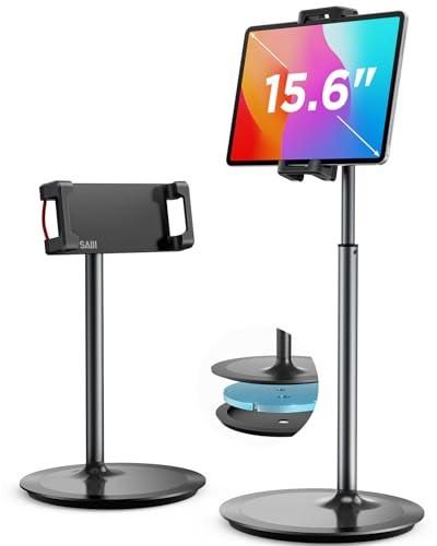 SAIJI iPad Stand for Desk - Tablet Holder Extra-Height 360° Rotating Adjustable Aluminum Alloy Cradle for 4.7'-15.6' iPhone Samsung Kindle Portable Monitor (Black)