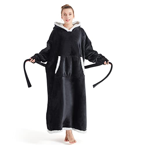 Touchat Wearable Blanket Hoodie, Flannel Sherpa Fleece Hooded Blanket, Oversized Hoodie for Adults Women Men, Sweatshirt Blanket with Hood, Pocket & Sleeves,Gifts for Wife,One Size Fits All(Black)