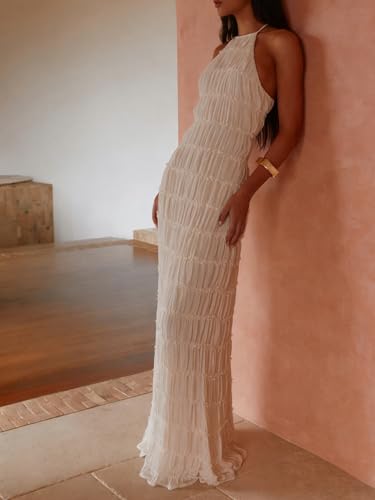 Image of Yiulangde Women's Backless Smocked Maxi Dress Sexy Spaghetti Strap Cut Out Flowy Beach Long Dress Vacation Casual Sundresses