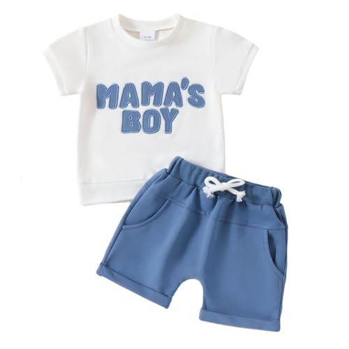 HEOXIN Infant Toddler Bebé Niño Ropa Conjuntos, Letra Bordada de Manga Corta Recién Nacido Bebé Ropa de Niño Conjunto, Bowknot Decoración Estire Elástico Shorts Bebé Outfit, Azul, 6-12 Meses