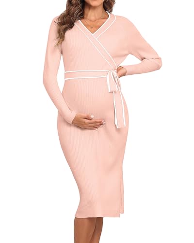 V For City 240820AW1037LRC-M Women'S Maternity Fall Sweater Dresses V Neck Color Block Ribbed Pregnancy Bodycon Dress Baby Shower Maternity Photoshoot Outfits Pink Medium cover