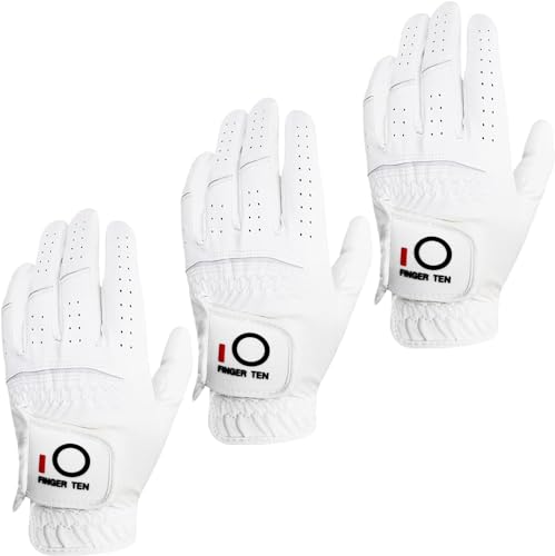 FINGER TEN All Weather Grip Golf Gloves Men Value 3 Pack for Right Handed Golfer, Comfort Soft Glove for Premium Performance, Colors White Black Blue Sizes S M L XL (White, X-Large, Left) by FINGER TEN - Used condition - US$17.22
