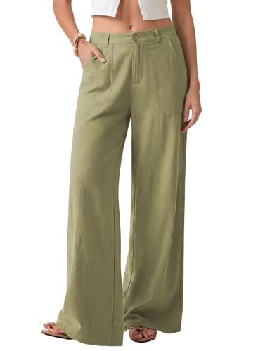 EVALESS Women's Linen Pants Summer High Waist Wide Leg Palazzo Pants Casual Button Down Trousers with Pockets Spring 2026 Beach Travel Vacation Outfits Olive Green X-Large