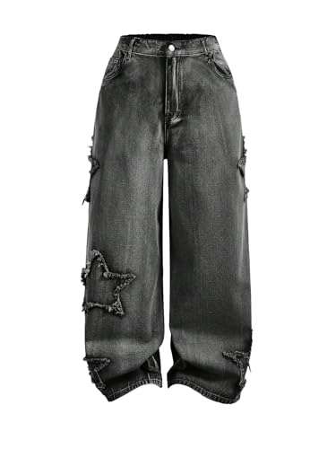 WDIRARA Womens Plus Size Star Raw Trim Jeans Wide Leg Baggy Denim Pants Black XX-Large Plus